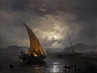 Et natlandskab med en sejlbåd, hvor der tændes bål, efter 1860 (olie på lærred) af Remigius van Haanen
