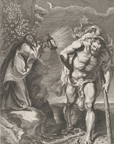 Sankt Christopher bærer Kristusbarnet over en å, en anden mand holder en ..., ca. 1636-80. af Remoldus Eynhoudts