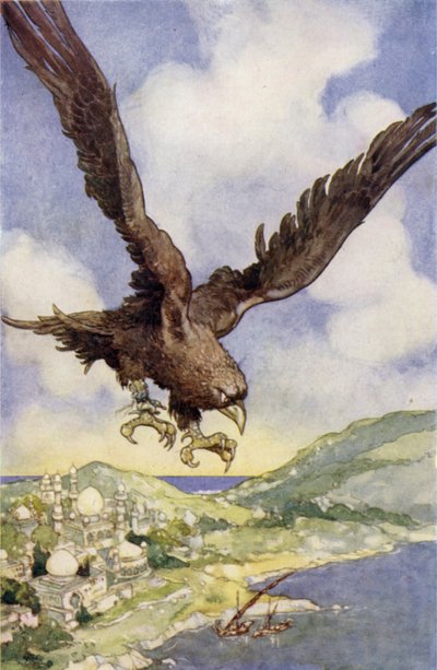 En kæmpe fugl kaldet en Roc (farve litho) af René Bull