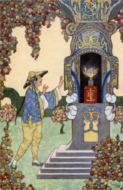 Aladdin finder lampen (farve litho) af René Bull