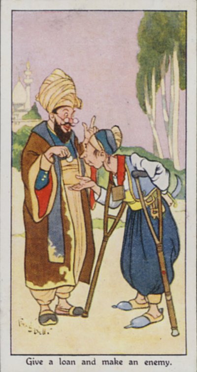 Østligt ordsprog: Giv et lån og skab en fjende (farve litho) af René Bull