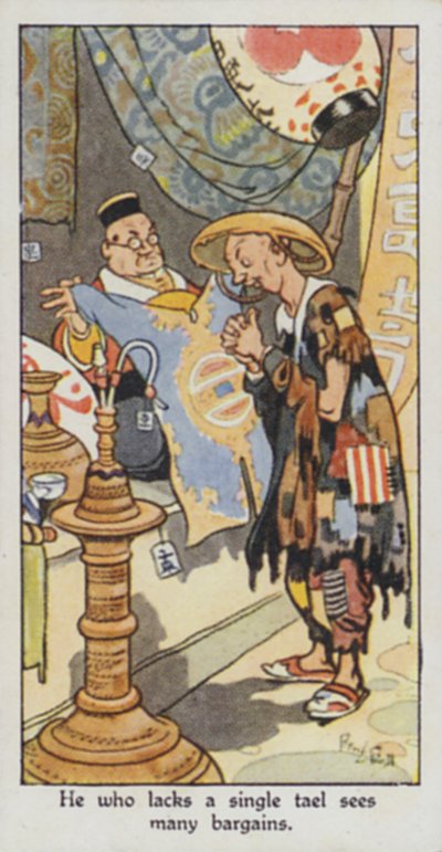 Østligt ordsprog: Den, der mangler en enkelt tael, ser mange gode tilbud (farve litho) af René Bull