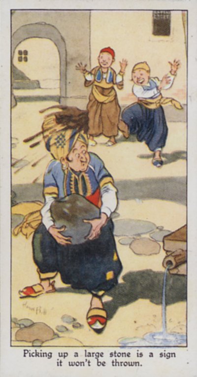 Østligt ordsprog: At samle en stor sten op er et tegn på, at den ikke bliver kastet (farve litho) af René Bull