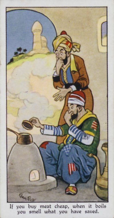 Hvis du køber kød billigt, kan du lugte, hvad du har sparet, når det koger (farve litografi) af René Bull