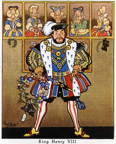 Kong Henrik VIII pynter sine koners portrætter med hyld, mistelten og en krans til jul, 1936 af René Bull