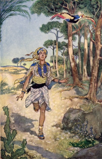 Næste morgen fulgte han fuglen, da den fløj fra træ til træ (farve litho) af René Bull