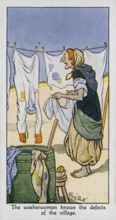 Vaskekonen kender landsbyens mangler (farve litho) af René Bull