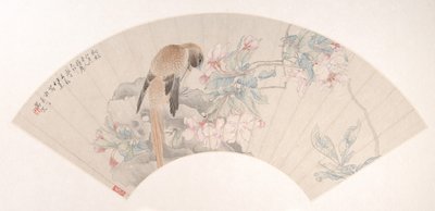 Fugl på en klippe ved en blomstrende gren, dateret 1879. af Ren Xun