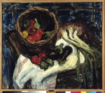 Stilleben i grøntsagskurv, peberfrugter, aubergine og porrer (olie på lærred) af Rene Auguste Seyssaud