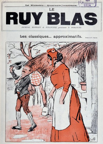 Marianne som bonde, med et lommetørklæde i hånden, på trappen til sit hus, mens hun ser en mand gå ud for at hilse på hende - Tegning af R. Berger til forsiden af Ruy Blas, 1. januar. af Rene Berger