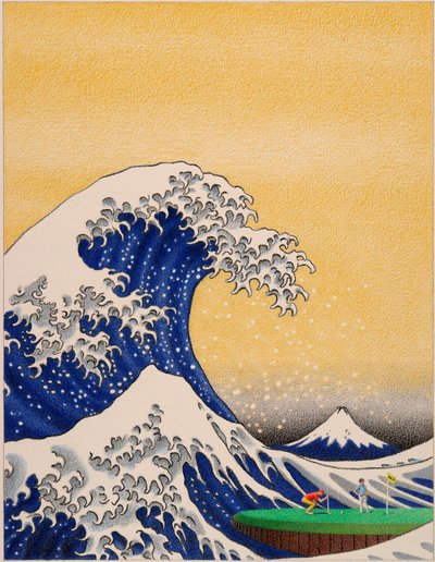 HOKUSAI-Golf, 2021, farveblyantstegning på papir af Rene Boin