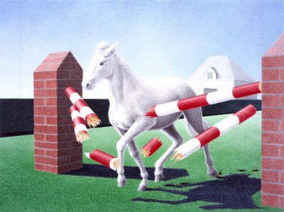Forhindring, 2004, farveblyantstegning på papir af Rene Boin