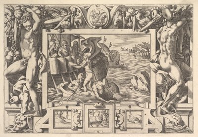 Aeëtes samler Absyrtes lemmer Mens han får lemmerne til at samle sig op, gør grækerne d..., 1563. af Rene Boyvin