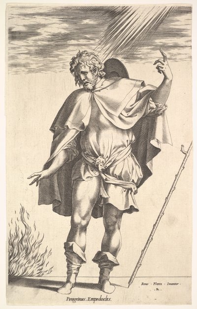Empedocles, der står frontalt med hovedet vendt i trekvart syn, dirigerer ..., ca. 1545-63. af Rene Boyvin