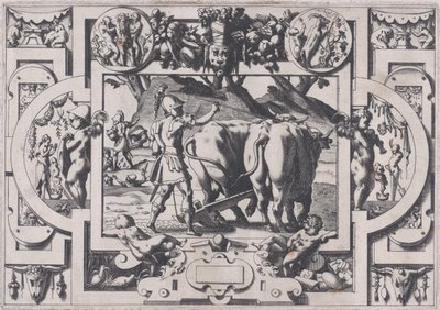 Jason sår dragens tænder Jason tæmmer dem og lænker dem og pløjer deres f..., 1563. af Rene Boyvin