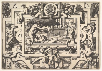 Medea hælder en trylledrikk over Jason King Aeson, så affældig og affældig, i et kar hun..., 1563. af Rene Boyvin