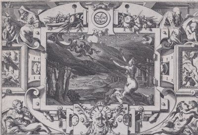 Medea og hendes vogn tegnet af drager Rullet og nøgen en mørk nat, på et øde sted..., 1563. af Rene Boyvin