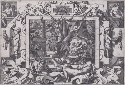 Pelias dræbt af sine døtre, hvis medlidenhed de tager mod hans blod til at tømme af v..., 1563. af Rene Boyvin