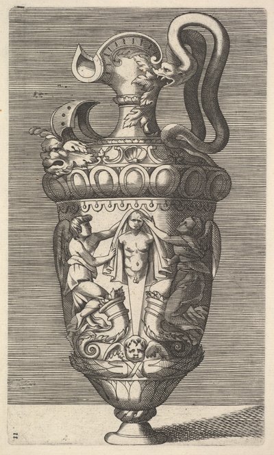 Vase med to vingede figurer, der draperer et udtryk, 1600-tallet. af Rene Boyvin