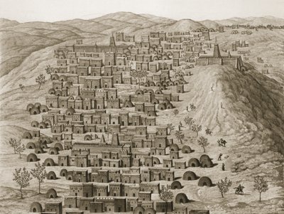 Udsigt over en del af byen Timbuktu fra en bakke, illustration fra Journal dun Voyage a Tombouctou et a Jenne, 1830 af Rene Caillie