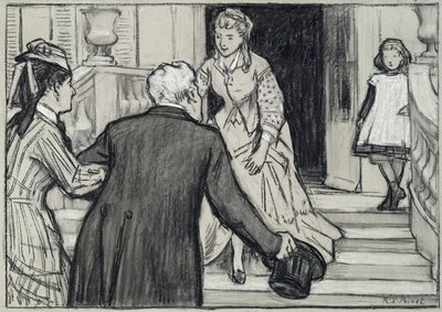 Besøget, illustration fra La Jeune Fille Bien Elevee af Rene Boylesve (sort-hvide kridt på papir) af René François Xavier Prinet