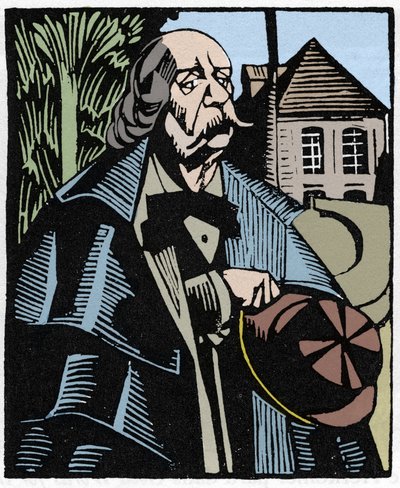 Portræt af Gustave Flaubert (1821-1880). Træstik af Hermann-Paul (Hermann Paul) (1874-1940) til Louis Bertrands bog "Flaubert a Paris eller Le Mort Vivant". af Rene George Hermann Paul