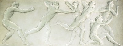 Et figurpanel i formstøbt glas, der forestiller seks nøgne mandlige atleter, af Rene Jules Lalique