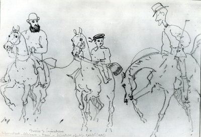 Tre ryttere: Henri de Toulouse-Lautrec (1864-1901) mellem hans far, grev Alphonse, og kunstneren af Rene Princeteau