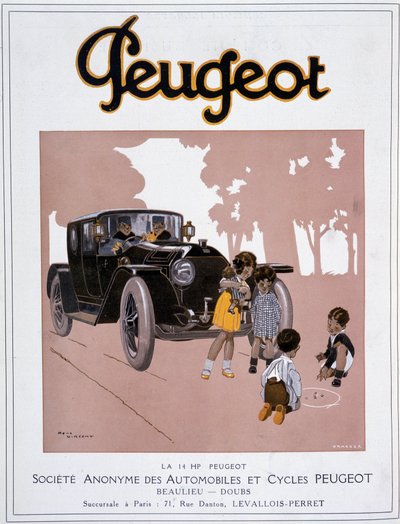 Annoncering for Peugeot "" The 14 HP Peugeot"" i "" Comoedia illustrious""" af 20. december af Rene Vincent