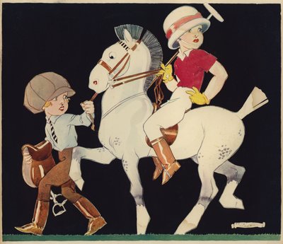 Dreng på polo pony, ført af staldpige (farve litho) af Rene Vincent