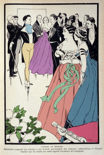 Repræsentation af Beau Brummell (George Bryan Brummell) (1778-1840) under en verdslig reception, fødte han udtrykket "dandy" og spillede en vigtig rolle i mænds mode. Illustration af Rene Vincent (1879-1936). af Rene Vincent