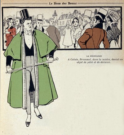 Repræsentation af George Bryan Brummel, kendt som Beau Brummel (1778 - 1840), King of the Dandys: sidstnævnte er i eksil i Calais. Illustration af Rene Vincent (1879-1936). 19. århundrede af Rene Vincent