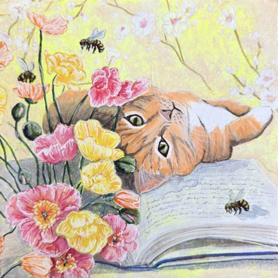 En kat blandt valmuer af Renee Machan Cottagecore Artist