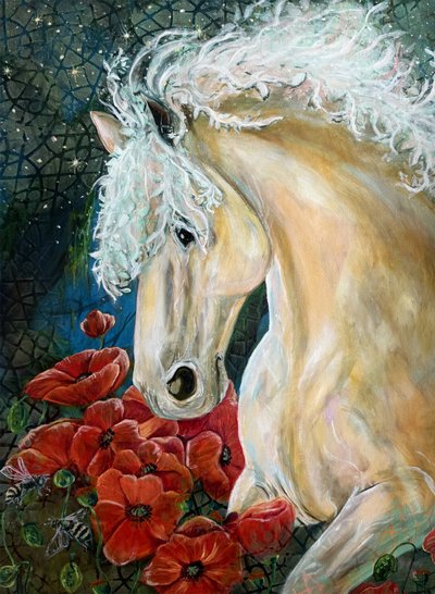 Drømmende hest og valmuer af Renee Machan Cottagecore Artist