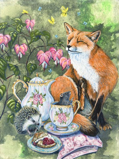 quot;Afternoon Teaquot; – Rævepindsvin og mus med blødende hjerte-blomster af Renee Machan af Renee Machan Cottagecore Artist