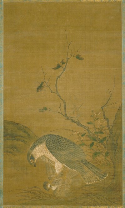 Hawk Capturing A Sparrow (blæk og farve på silke) af Renfa Ren