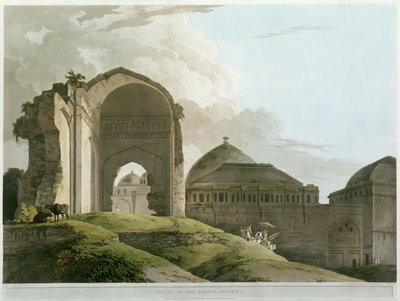 Ruinerne af paladset i Madurai, indgraveret af Thomas og William (1769-1837) Daniell, udgivet 1798 (farve litho) af Rev. Edward Thomas Daniell