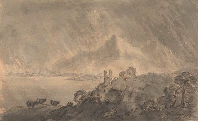 Slot over en sø med fjernt bjerg under stormfuld himmel af Rev. William Gilpin