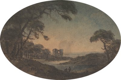 Landskab med to mænd og en borgruin på flodbredden af Rev. William Gilpin