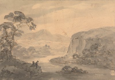 Bjerget landskab med to figurer med udsigt over en sø af Rev. William Gilpin