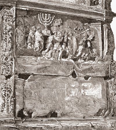 Basrelief af det sydlige panel "Krigsbyttet", der viser triumftoget, på Titusbuen, Via Sacra, Forum Romanum, Rom, Italien. Fra Italian Pictures af Rev. Samuel Manning, udgivet ca. 1890. af Reverend Samuel Manning
