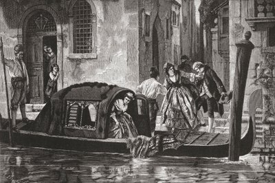 Passagerer stiger ud af en gondol på Canal Grande i Venedig, Italien, i slutningen af det 19. århundrede. Fra Italian Pictures af Rev. Samuel Manning, udgivet ca. 1890. af Reverend Samuel Manning