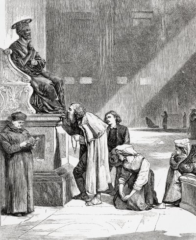 Folk kysser fødderne på statuen af Sankt Peter inde i Peterskirken, Vatikanstaten, Rom i slutningen af det 19. århundrede. Fra Italian Pictures af Rev. Samuel Manning, udgivet ca. 1890. af Reverend Samuel Manning