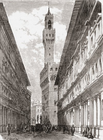 Uffizierne, Palazzo Vecchio og statuer på Piazza della Signoria, Firenze, Italien i slutningen af det 19. århundrede. Fra Italian Pictures af Rev. Samuel Manning, udgivet ca. 1890. af Reverend Samuel Manning