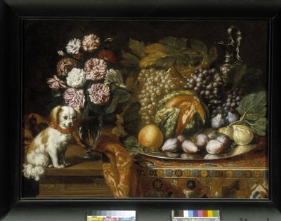 Stilleben med dværg spaniel (olie på lærred) af Reynaud Levieux