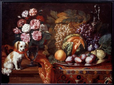 Stilleben med dværg spaniel. Maleri af Renaud Levieux sagde Reynaud Le Vieux (ca. 1625-1690) af Reynaud Levieux