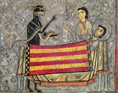 The Death of St. Martin of Tours, detalje fra et alter frontal fra Church of Saint Martin in Chia, 1150-1200 (tempera på panel) (detalje af 498163) af Ribagorça Workshop Johannes Pintor