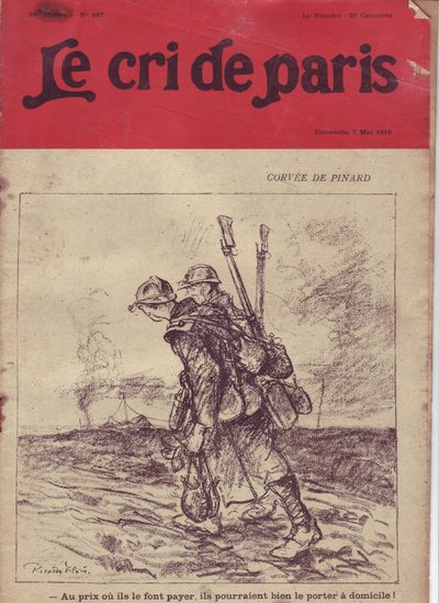 Illustration af Ricardo Flores (1878-1918) til forsiden af Le Cri de Paris, 07/05/16 - Corvee de pinard “” Til prisen eller de opkræver det, kan de godt bære det derhjemme! “” - War of 14 -18, Vin, Soldaterliv, Kantine Rullesuppe, Forsyning - Soldater af Ricardo Flores
