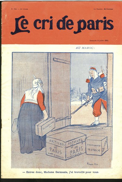 Illustration af Ricardo Flores (1878-1918) til forsiden af Le Cri de Paris, 09/07/11 - "" Gå ind så kære frue, jeg har arbejdet for dig." - Tyskland Preussen, Marokko, Maghreb - Germanien af Ricardo Flores