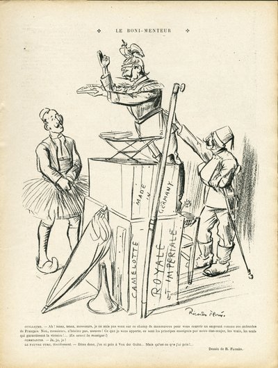 Illustration af Ricardo Flores (1878-1918) i Le Lire, 20/09/13 - Løgneren - Tyskland Preussen, Tyrkiet, krigen mellem 14-18 første mus - William II af Ricardo Flores